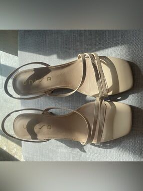 Unisa Nude/Beige Double-Strap Square-Toe Heeled Sandals
